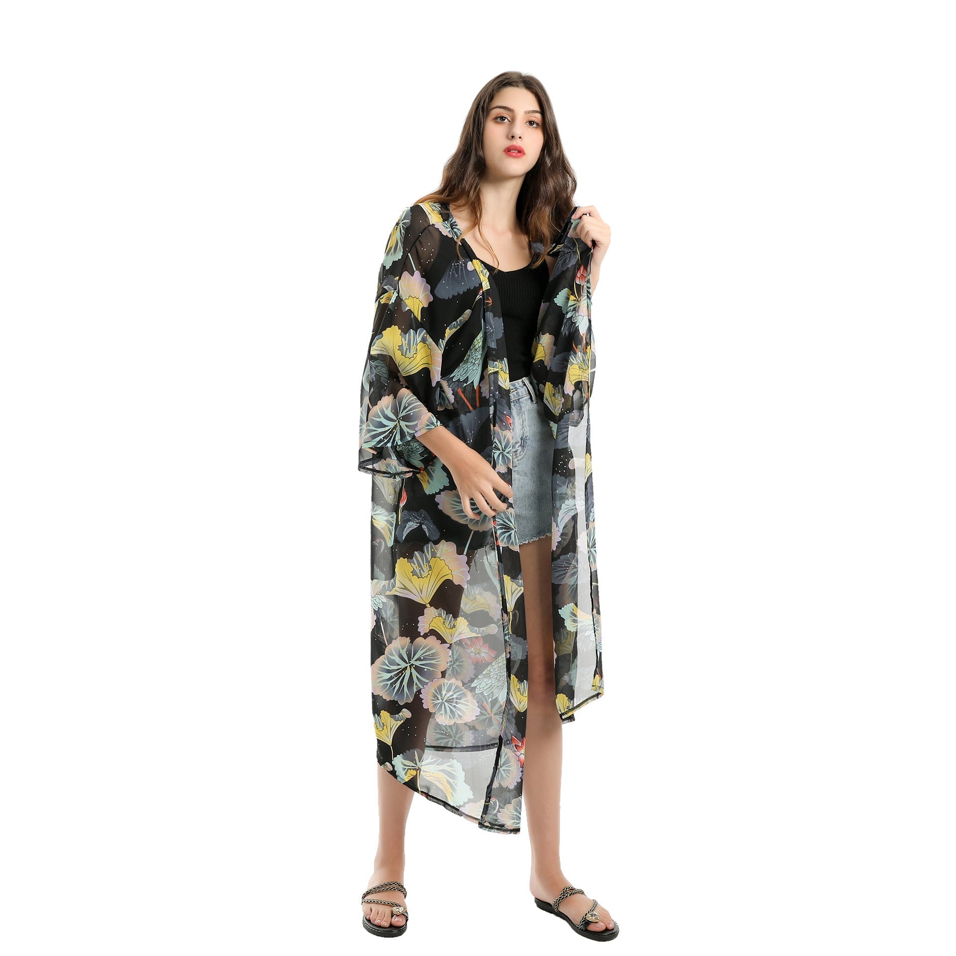 Spring, Summer, Autumn Classical Elegant Floral Lotus Leaf Travel Sun Protective Blouse Swimwear Cover up Bella Mia